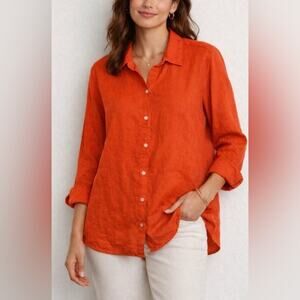 NWT J. Jill Love Linen Button Down Shirt Orange Peel Long Sleeve L PETITE